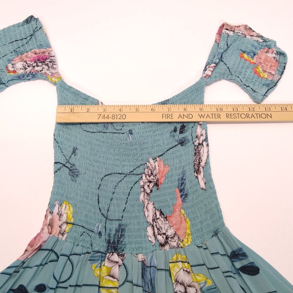 Jaase Floral Off Shoulder Flowing Dress Shirred Boho Teal Medium VGC - Picture 6 of 8